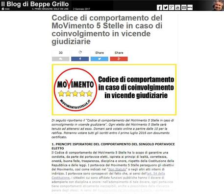 Arriva il codice di comportamento M5s in caso di coinvolgimento in vicende giudiziarie. Il decalogo è stato pubblicato questa mattina sul blog di Beppe Grillo e da domani sarà sottoposto al voto degli iscritti. ANSA/BLOG GRILLO ANSA PROVIDES ACCESS TO THIS HANDOUT PHOTO TO BE USED SOLELY TO ILLUSTRATE NEWS REPORTING OR COMMENTARY ON THE FACTS OR EVENTS DEPICTED IN THIS IMAGE; NO ARCHIVING; NO LICENSING