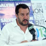 Il segretario della Lega Nord Matteo Salvini nella sede del partito in via Bellerio a Milano durante al conferenza stampa indetta per commentare l'esito del voto amministrativo, Milano, 12 giugno 2017.  ANSA / MATTEO BAZZI