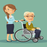 50941121 - social worker strolling with elder man in wheelchair. vector flat illustration