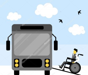 Wheelchair accessible transportation. Paratransit bus picking up passenger. Accessible bus. Access ramp for disabled persons in a bus. Flat vector illustration