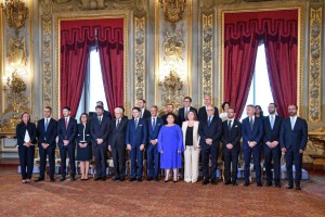 Ministers of the new Italian government pose for a family photo with Italian President Sergio Mattarella (6-L) and Premier Giuseppe Conte (7-L) after their swearing-in ceremony at Quirinal Palace, Rome, Italy, 05 September 2019. Italian Prime Minister Giuseppe Conte's new government is a coalition between the anti-establishment 5-Star Movement (M5S) and the center-left Democratic Party (PD) that will have 21 ministers, 10 from the M5S, nine from the PD and one from the small leftwing Free and Equal (LeU) party, media reported.  ANSA/ALESSANDRO DI MEO