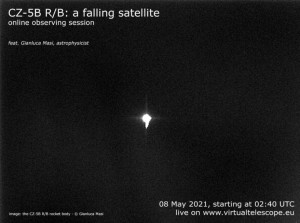 Lo stadio del razzo in caduta incontrollata ripreso dal telescopio. ANSA_VIRTUALTELESCOPE